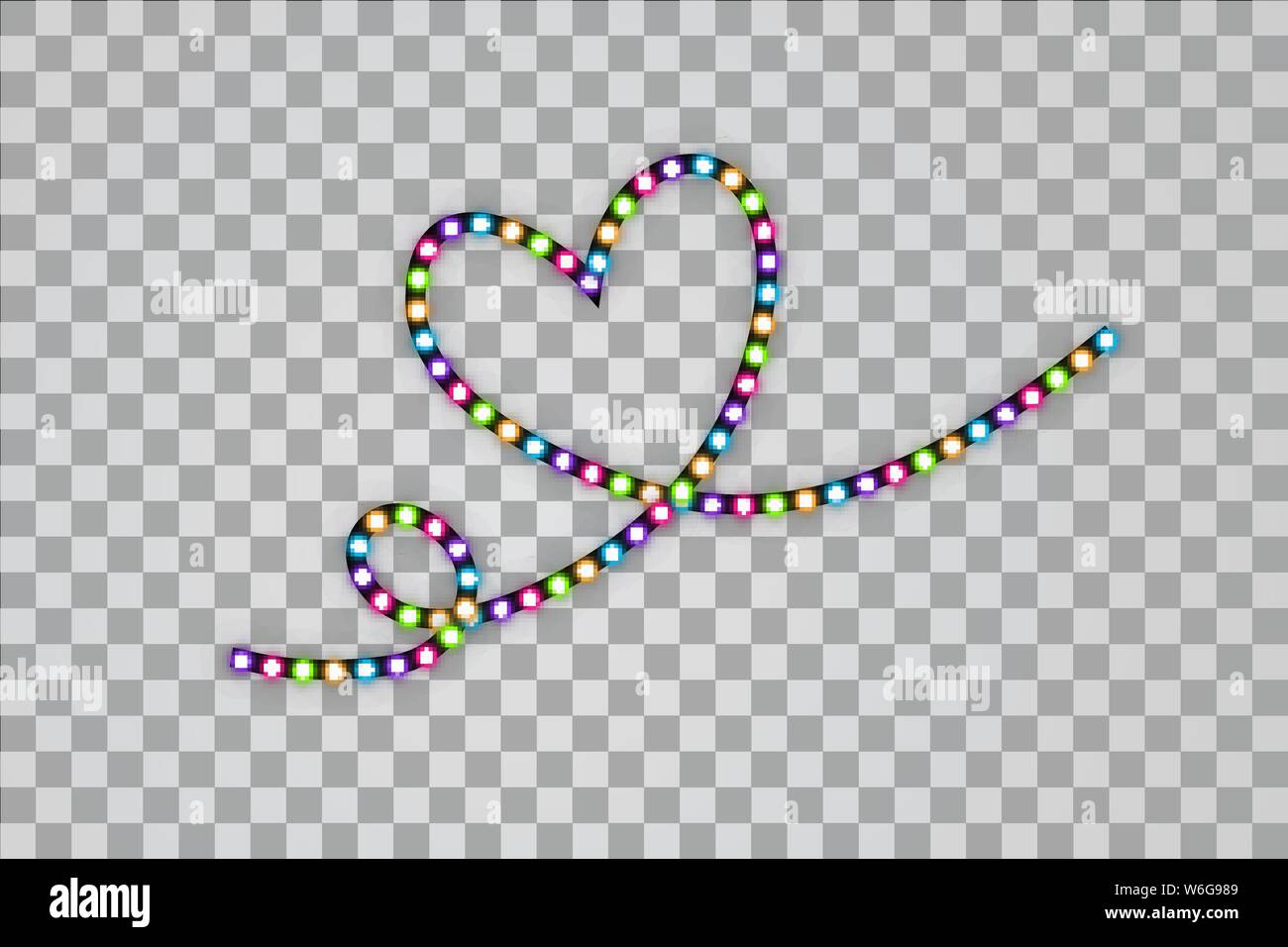 Verschiedene LED-Streifen mit Herz eine Zeile auf transparentem Hintergrund, leuchtende LED Girlanden. Satz von rosa, gelb, lila, blau, grün leuchtende Dekorative Stock Vektor