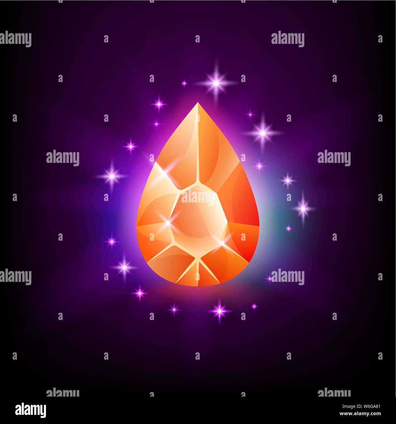 Birne orange leuchtenden Edelstein mit magischen Leuchten und Sterne auf dunklem Hintergrund Vector Illustration. Stock Vektor