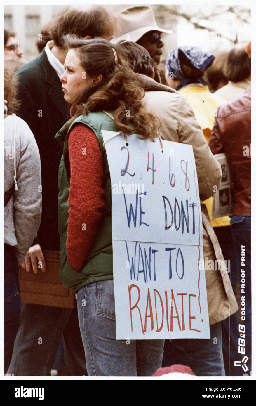 Zeichen der Demonstranten. Anti-nuke Rallye in Harrisburg, Pennsylvania] im Capitol. Stockfoto