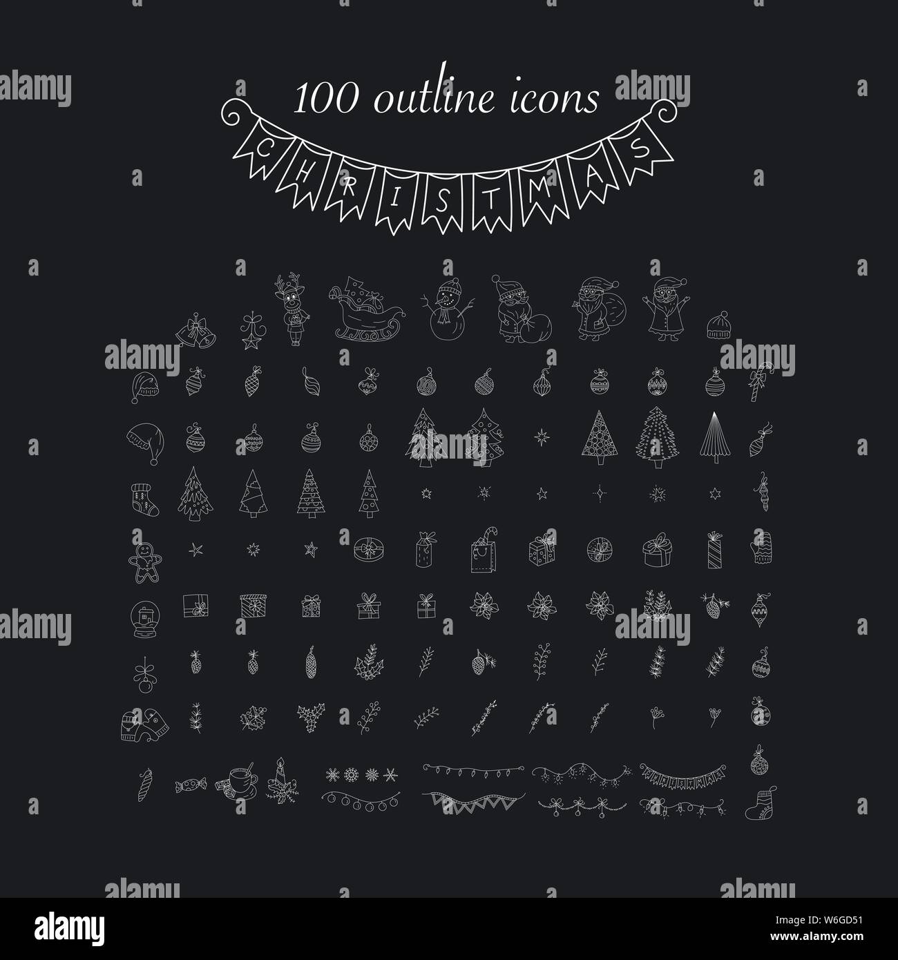 Big Christmas Icon Set. 100 Winter handdrawn Symbole. Vektor Logos, Embleme, Designs. Geeignet für Banner, Grußkarten, Geschenke etc. Stock Vektor