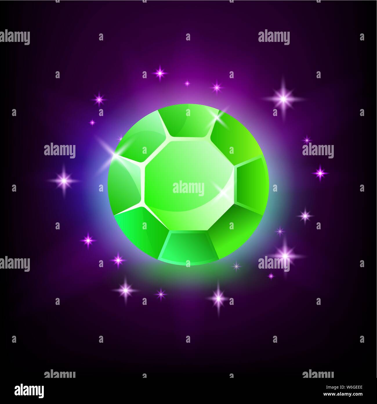 Runde grüne Smaragd glänzend Edelstein mit magischen Leuchten und Sterne auf dunklem Hintergrund Vector Illustration. Stock Vektor