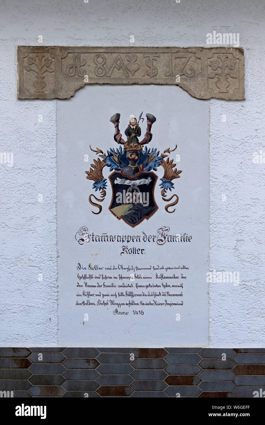 Wappen auf Hauswand, Bodenmais, Bayerischer Wald, Bayern, Deutschland Stockfoto