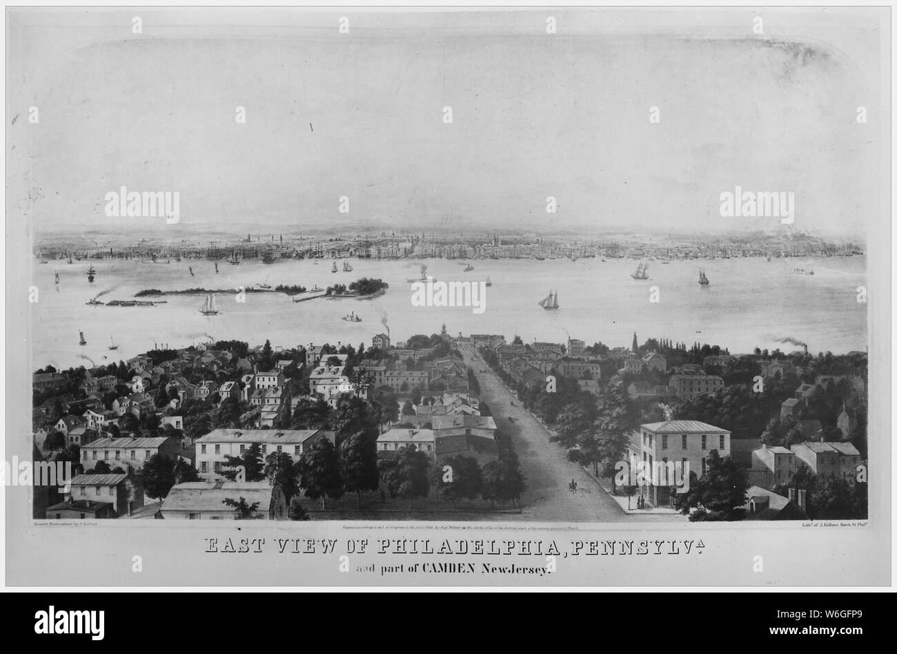 Osten Ansicht von Philadelphia, Pennsylvania, und ein Teil von Camden, New Jersey, Ca. 1836; laut Gesetz des Kongresses im Jahr 1836 in der Geschäftsstelle Die Geschäftsstelle des District Court des Eastern District von Pennsylvania Umfang und Inhalt eingegeben: A. Koliner, Philadelphia. Stockfoto