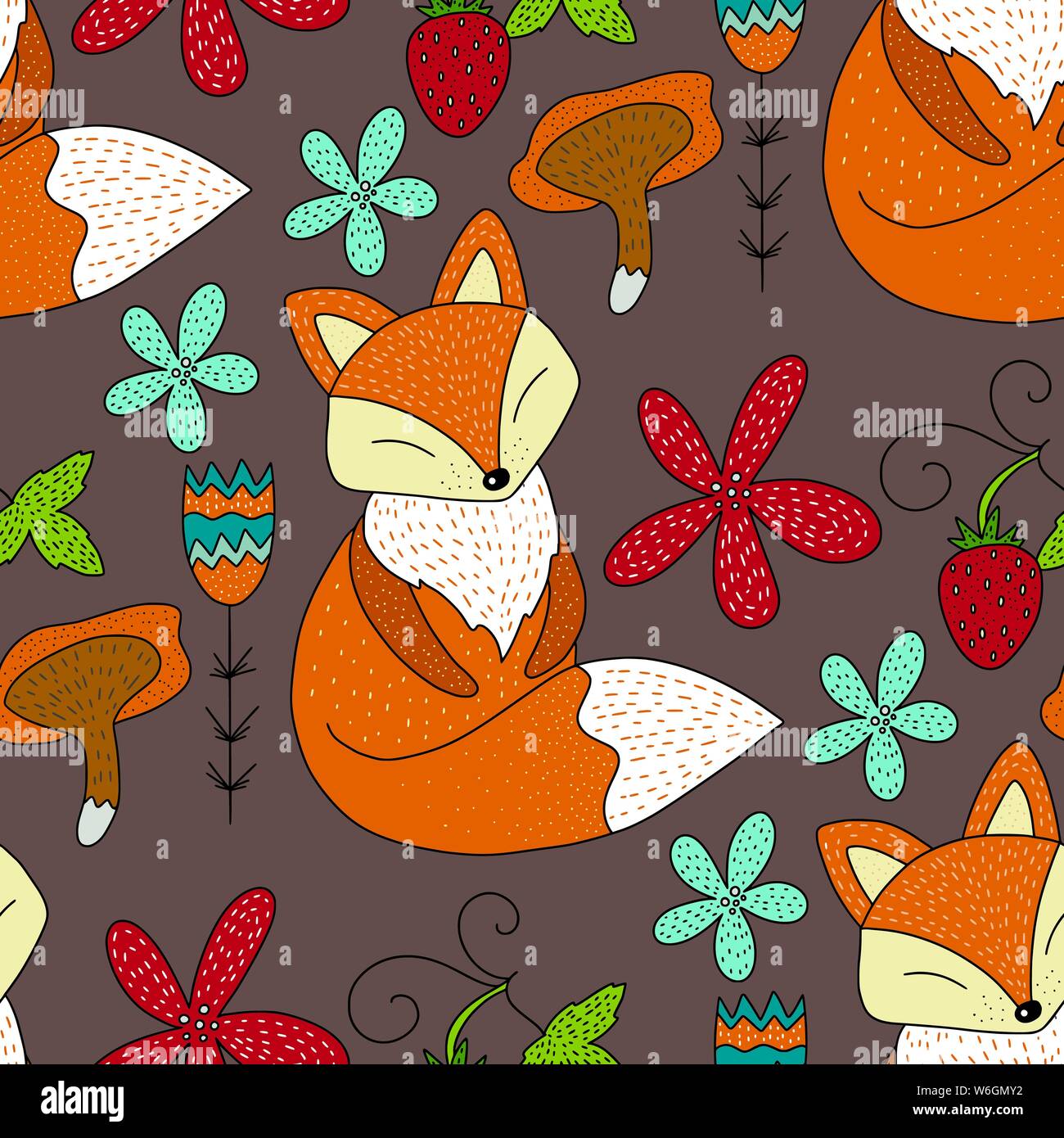 Die nahtlose Vektor Wald Muster mit niedlichen Abbildungen in Farbe-schlafen-fox, Blumen und Beeren. Stock Vektor