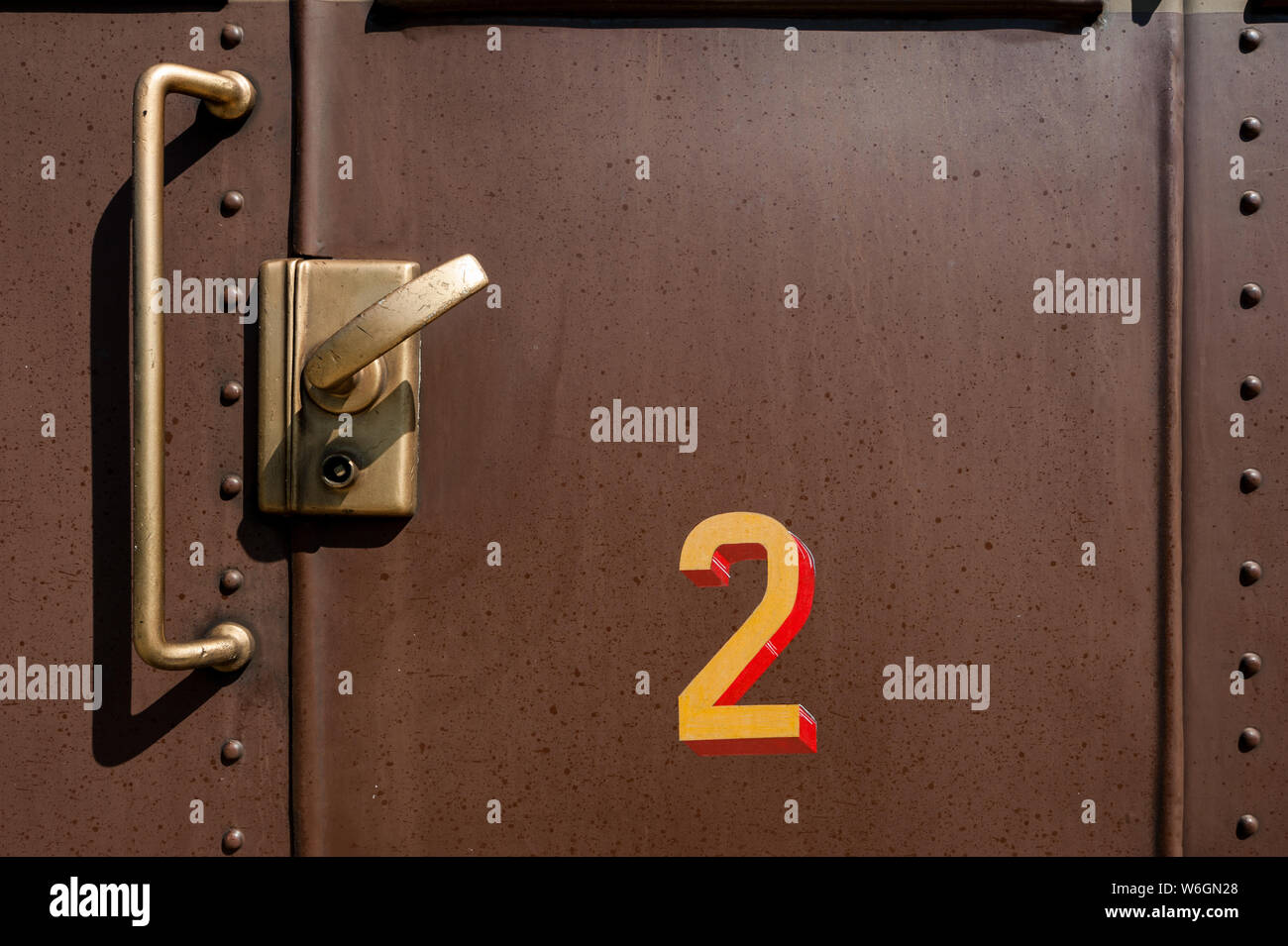 Alte bahn wagen. Die zweite Klasse der Kabinentür. Stockfoto