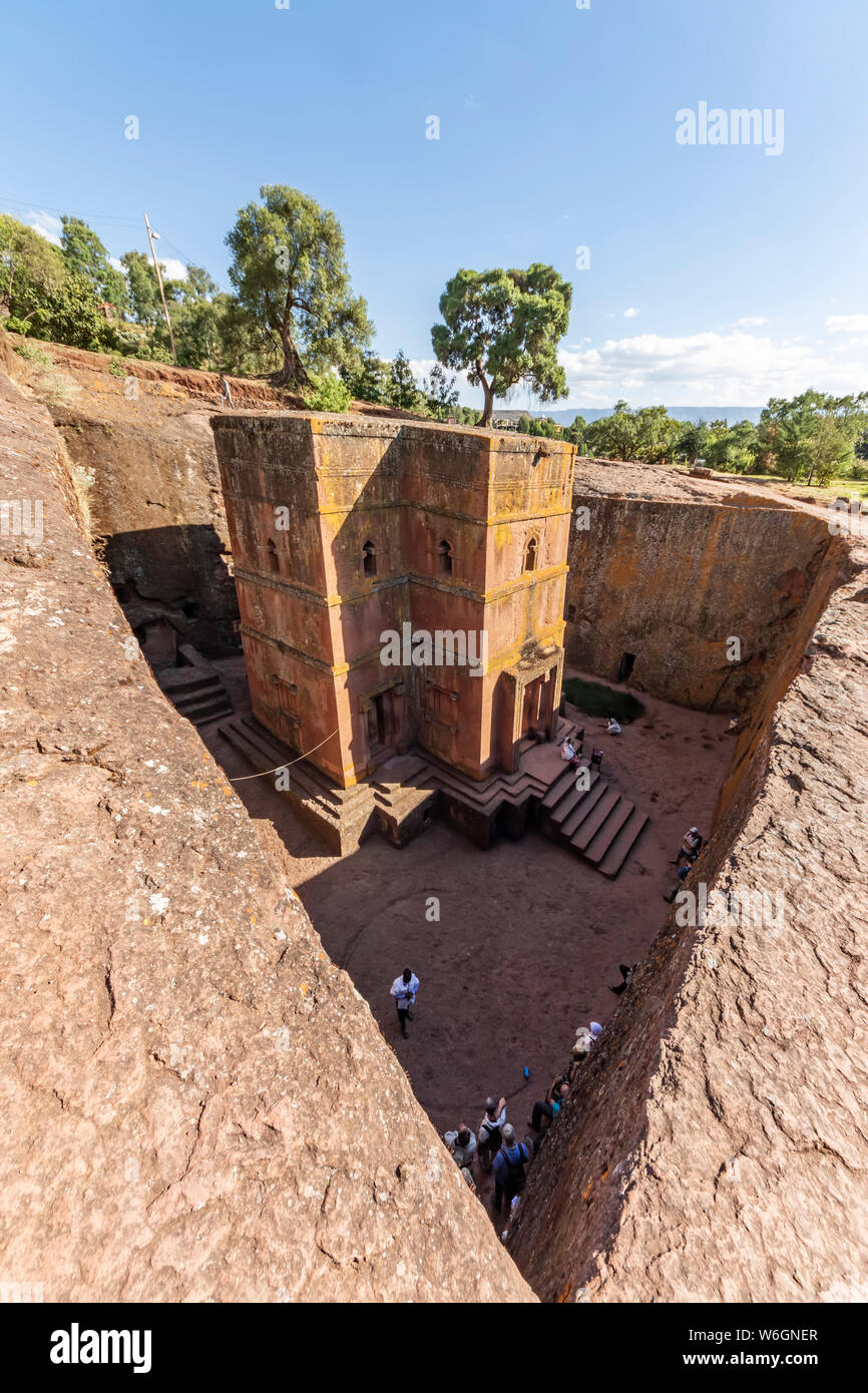 Biete Ghiorgis (Haus der Saint George) Äthiopischen Orthodoxen u-Monolith rock-cut-Kirche, Rock-Hewn Kirchen; Lalibela, Amhara Region, Äthiopien Stockfoto