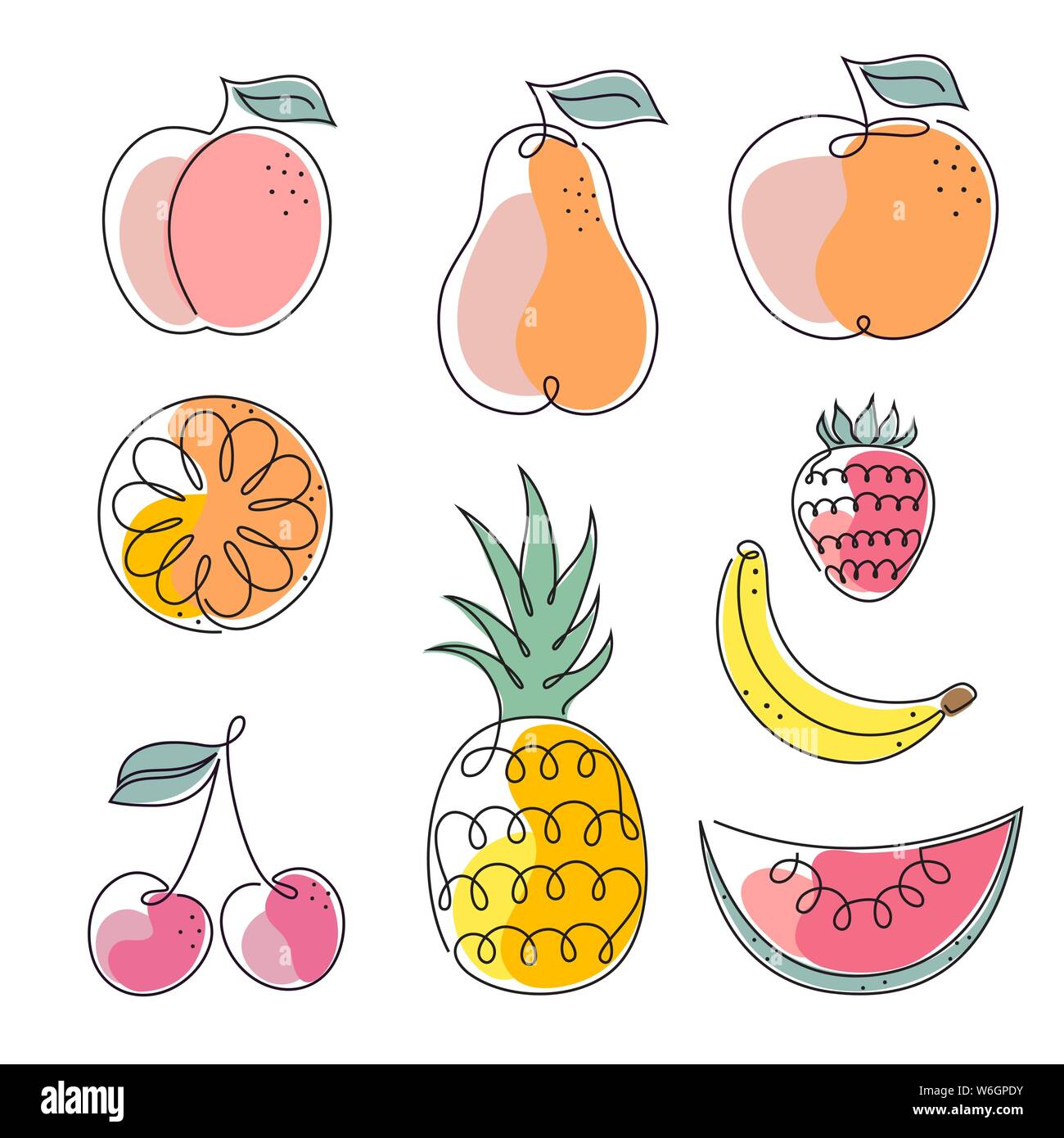Einstellen der Früchte Symbole auf dem weißen Hintergrund. Eine Zeichnung Stil. Stock Vektor