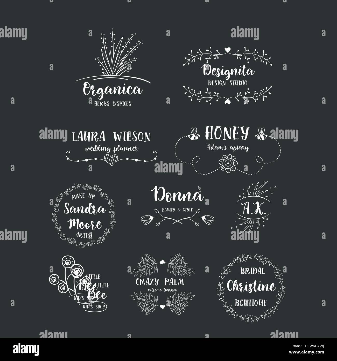 Vektor einrichten von handdrawn floral Logos. Feder Sammlung mit typografische Gestaltung Elemente dargestellt. Stock Vektor