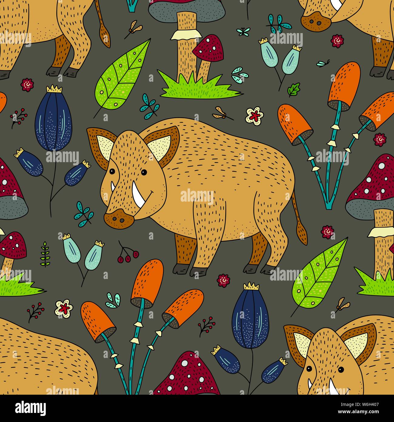 Die nahtlose Vektor Wald Muster mit niedlichen Abbildungen in Farbe - Wildschweine. Stock Vektor