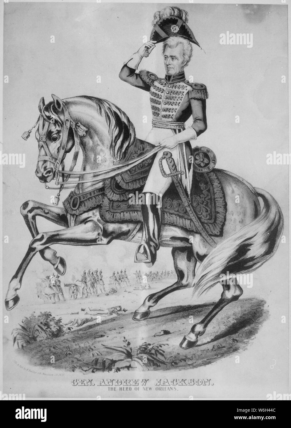 General Andrew Jackson. Der Held von New Orleans. 1815. Kopie der Lithographie von James Baillie, circa 1840., 1943 - 1945; Allgemeine Hinweise: Verwenden Sie Krieg und Konflikt Nummer 94 bei der Bestellung eine Reproduktion oder Anforderung von Informationen zu diesem Bild. Stockfoto