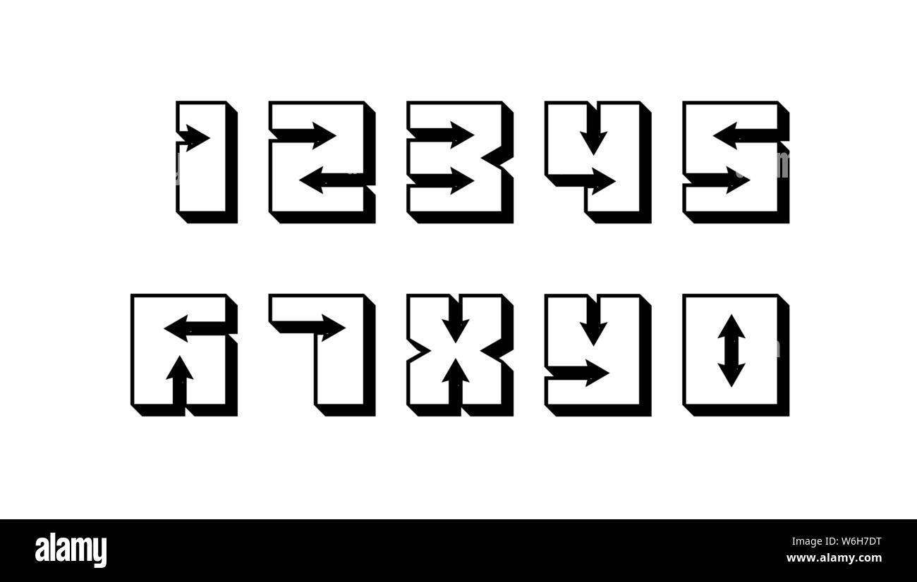 Zahlen 123 Buntes Set im 3d Regular Retro Stil mit Pfeilen in trendiger Typografie bestehend aus 1 2 3 4 5 6 7 8 9 0 für Poster Design oder Grußkarte. Vector Modern Countdown Schriftart Stock Vektor