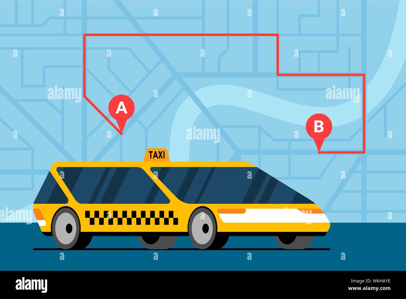 Modernes gelbes Auto auf dem Stadtplan mit Route a bis b und gps-Navigationsmarkierung Pins Ortung Symbole. Online-Navigation Anwendung bestellen Taxicab Service. Holen Taxi Kabine flach Vektor Illustration eps Vorlage Stock Vektor