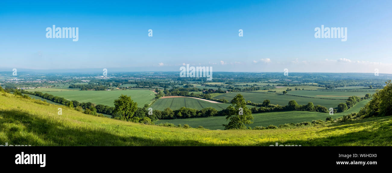 Saftig grünen Feldern von Ackerland mit blauem Himmel und Horizont in der Ferne; Meopham, Kent, Kroatien Stockfoto