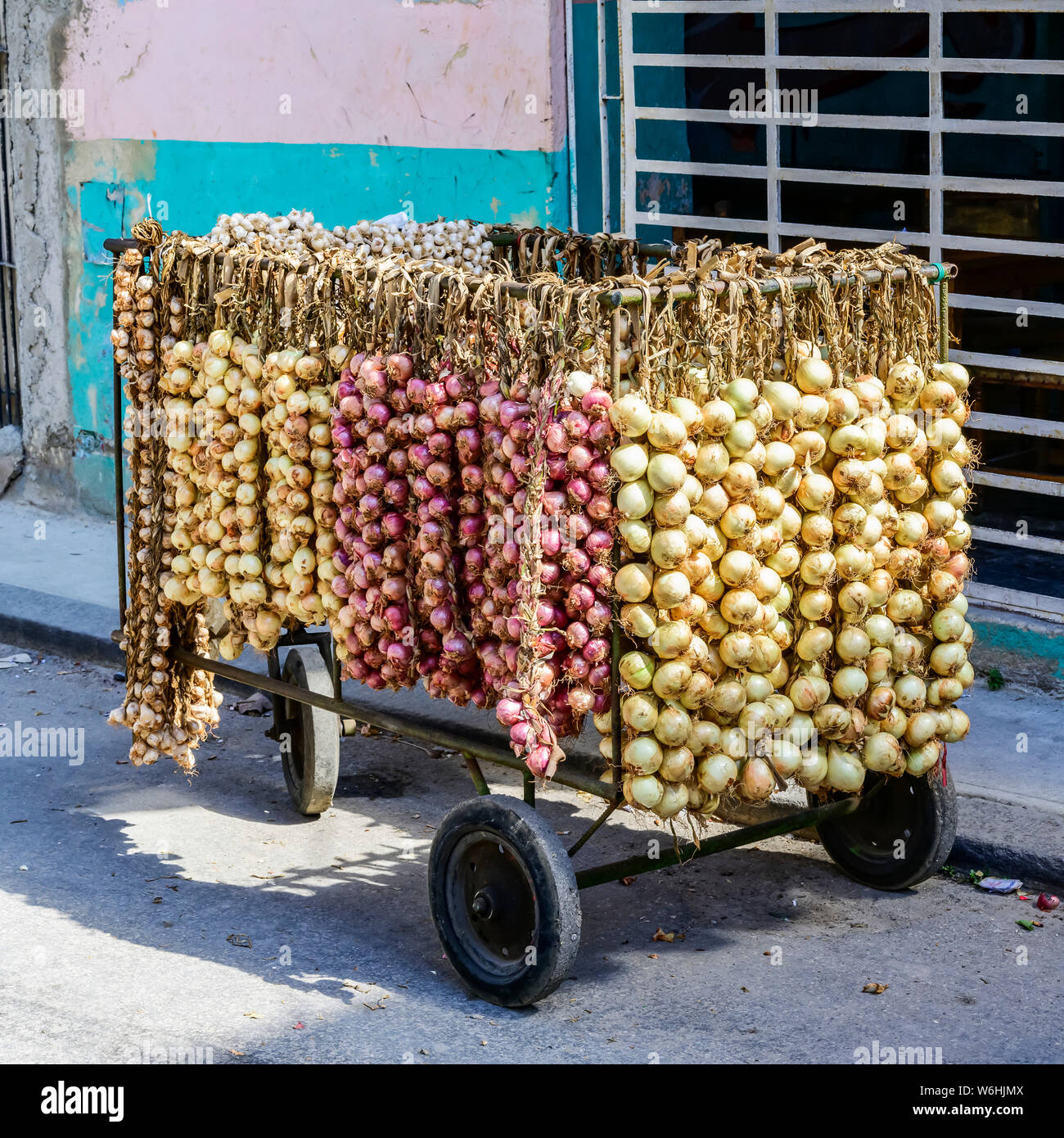 Strings von frischen Zwiebeln und Knoblauch zum Verkauf auf einem Wagen auf der Straße; Havanna, Kuba Stockfoto