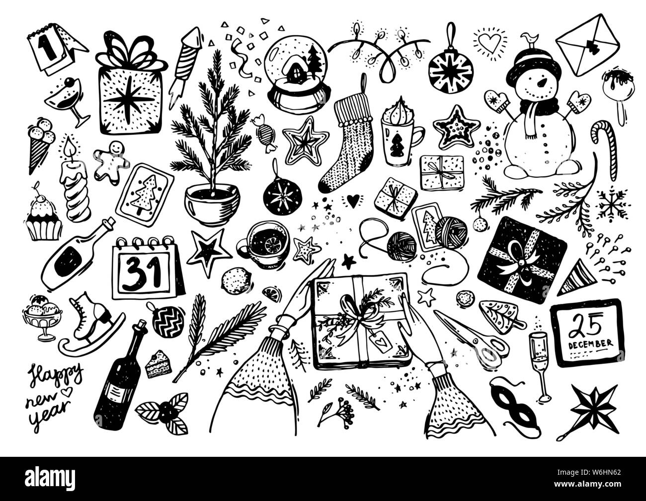 Sketchy Vektor handgezeichnete Doodle cartoon Satz von Objekten und Symbolen auf das Neue Jahr und Thema Weihnachten. Eine große Auswahl an festlichen Elemente für Grußkarten, Design, Einrichtung, Hobbys, scrapbooking. Stock Vektor