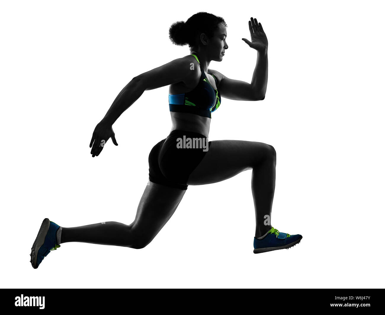 Eine afrikanische Läufer laufen Sprinter sprinten Frau auf weißem Hintergrund silhouette isoliert Stockfoto