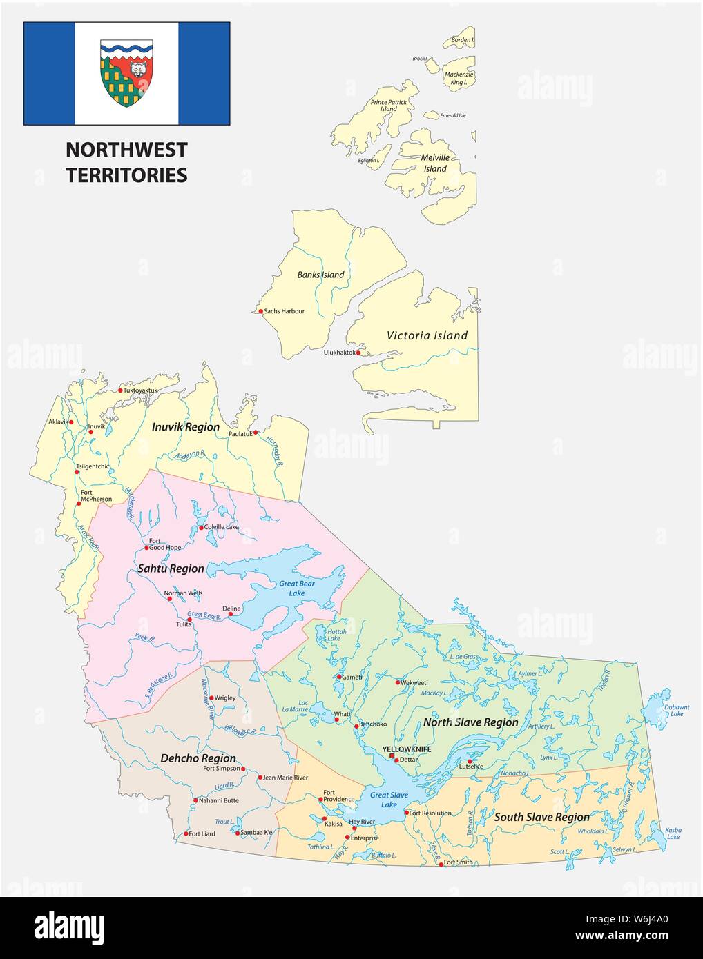 Northwest Territories politischen und administrativen Regionen Karte mit Flagge Kanada Stock Vektor