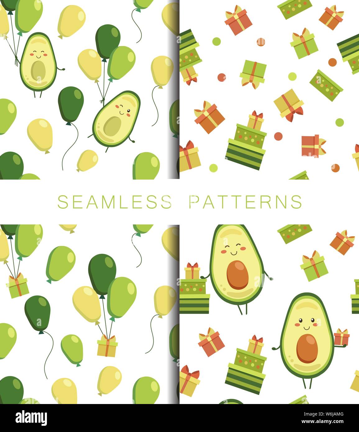Sammlung von Vektor nahtlose Muster mit lächelnden avocado Helden, bunte Geschenke in Kartons und fliegende gelb grün Luftballons. Geschenkpapier, positive Stock Vektor