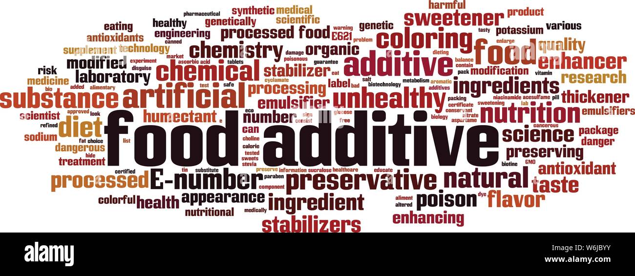Lebensmittelzusatzstoff Wort cloud Konzept. Collage aus Worte über Lebensmittelzusatzstoffe. Vector Illustration Stock Vektor