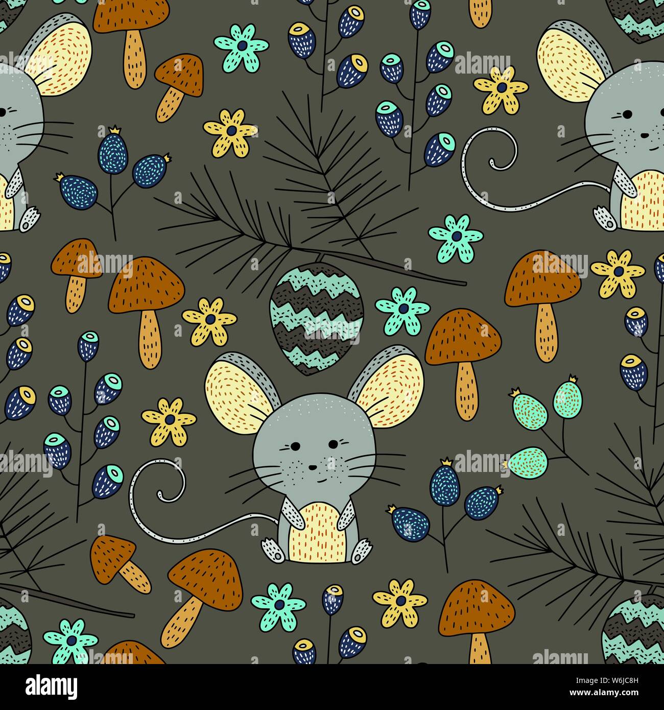 Die nahtlose Vektor Holz- Muster mit farbigen Abbildungen. Сute Wald Maus in den Wald. Stock Vektor