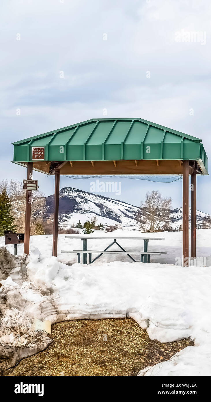 Vertikale Rahmen grün Cabana mit Barbecue Grill und Picknick Tisch in einem Verschneiten Park Stockfoto