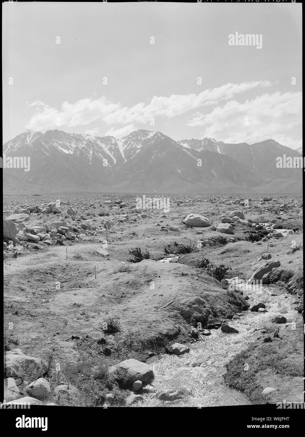 Manzanar Relocation Center, Manzanar, Kalifornien. Diese Gebirgsbach, der in der Sno verursacht wird. . .; Umfang und Inhalt: Der vollständige Titel für dieses Foto lautet: manzanar Relocation Center, Manzanar, Kalifornien. Diese gebirgsbach, der seinen Ursprung in den Schnee bedeckten Pisten der High Sierra, feeds Wasser reservoirs in Manzanar, einem Krieg Relocation Authority center, wo der Evakuierten in der japanischen Vorfahren für die Dauer untergebracht werden. Stockfoto