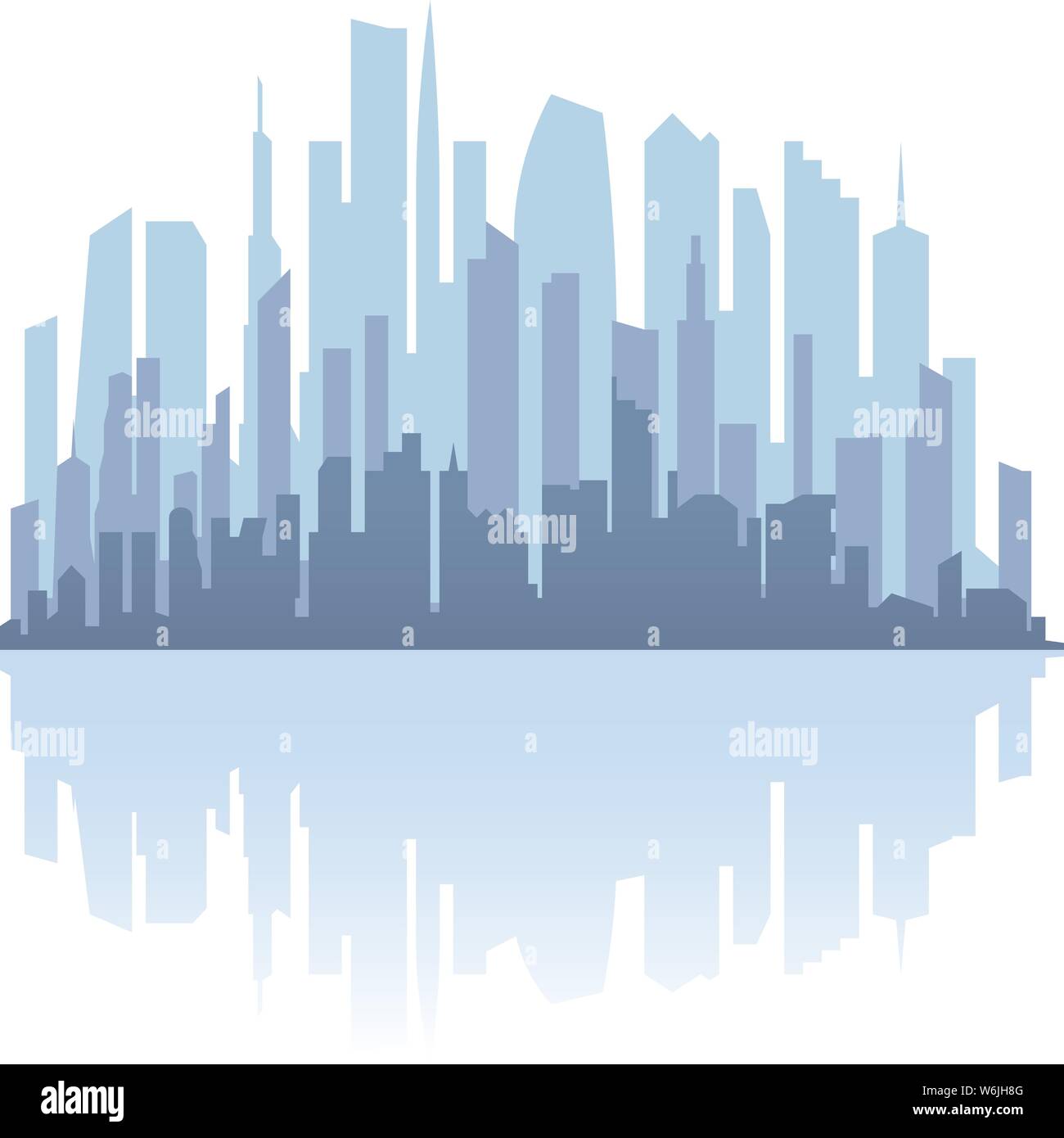 Vector Illustration. Stadt Szene mit Wolkenkratzern, Downtown und Reflexionen. Stock Vektor