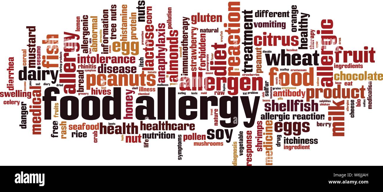 Nahrungsmittelallergie Wort cloud Konzept. Collage aus Worte über Nahrungsmittelallergie. Vector Illustration Stock Vektor