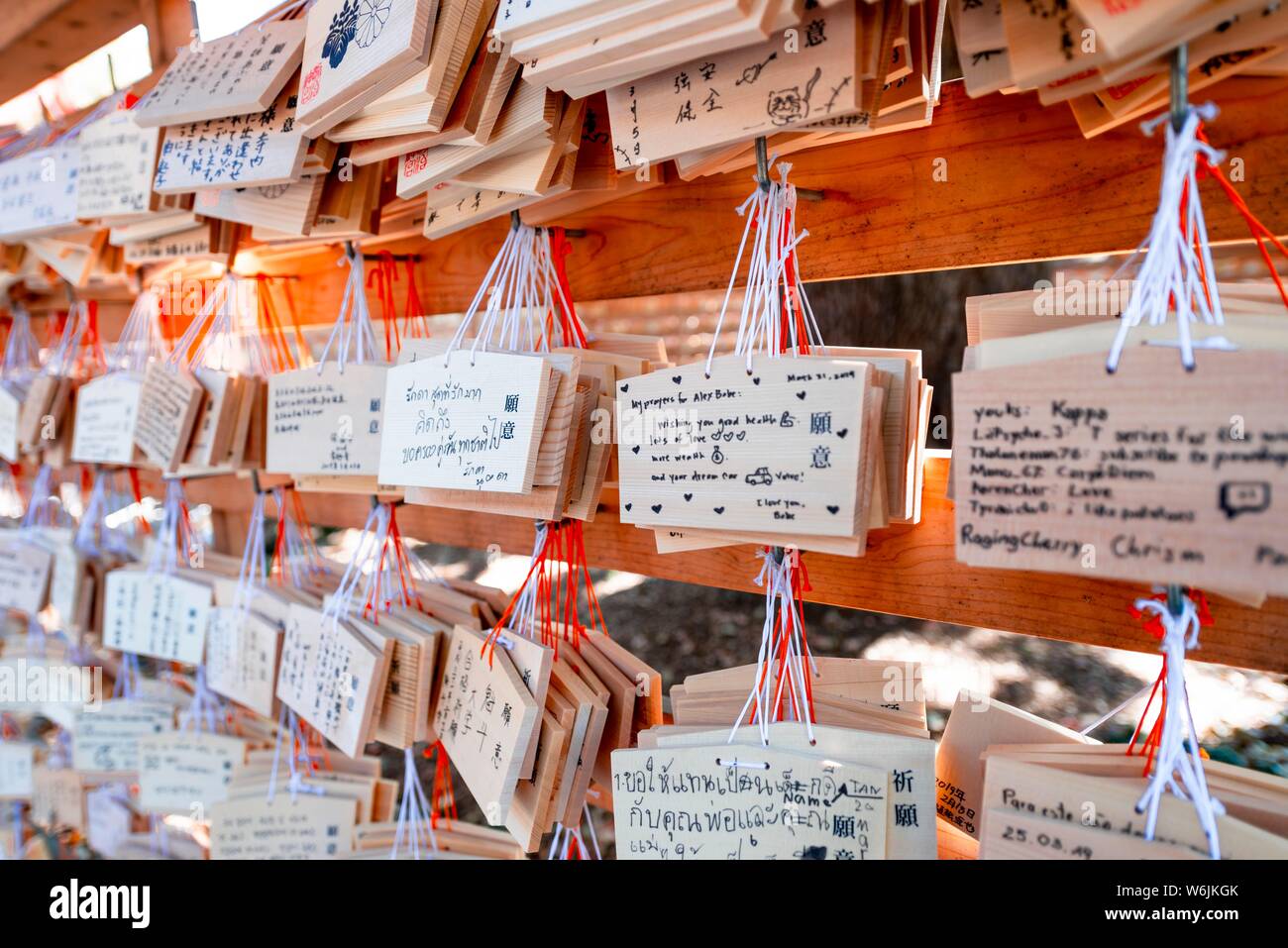 Schriftliche Wünsche zu Gottheiten auf kleinen Brettern, Platten, Ema, Shinto Schrein, Meiji Schrein, Shibuya, Tokio, Japan Stockfoto