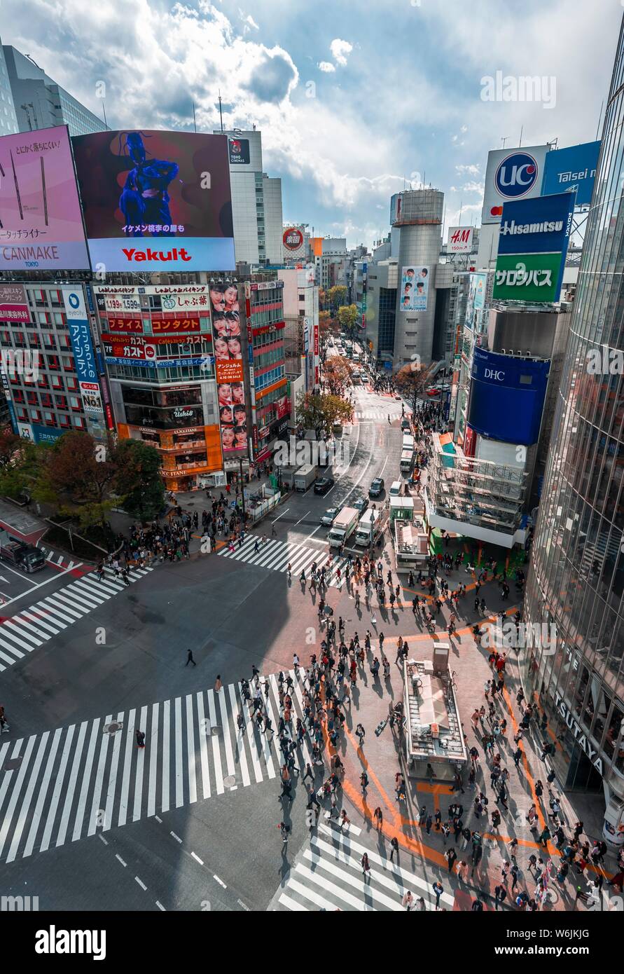 Masse von Menschen mit Zebrastreifen überqueren und Verkehr, von oben, Shibuya Crossing, Udagawacho, Shibuya, Tokio, Japan Stockfoto