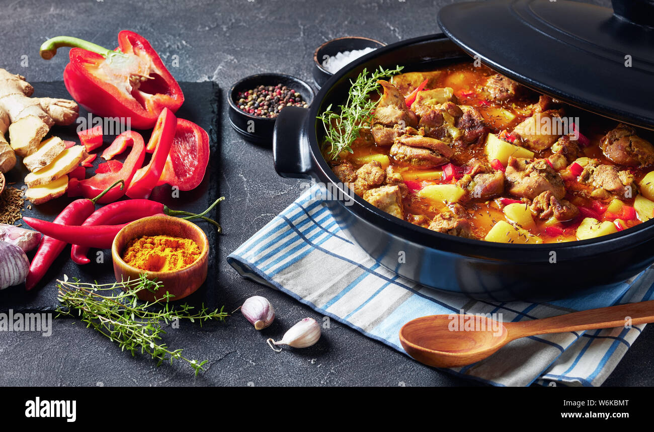 Huhn ohne Knochen Oberschenkel curry mit Kartoffel, Paprika, Gewürze in einem schwarzen Pan, karibische Küche, horizontale Ansicht von oben, close-up Stockfoto