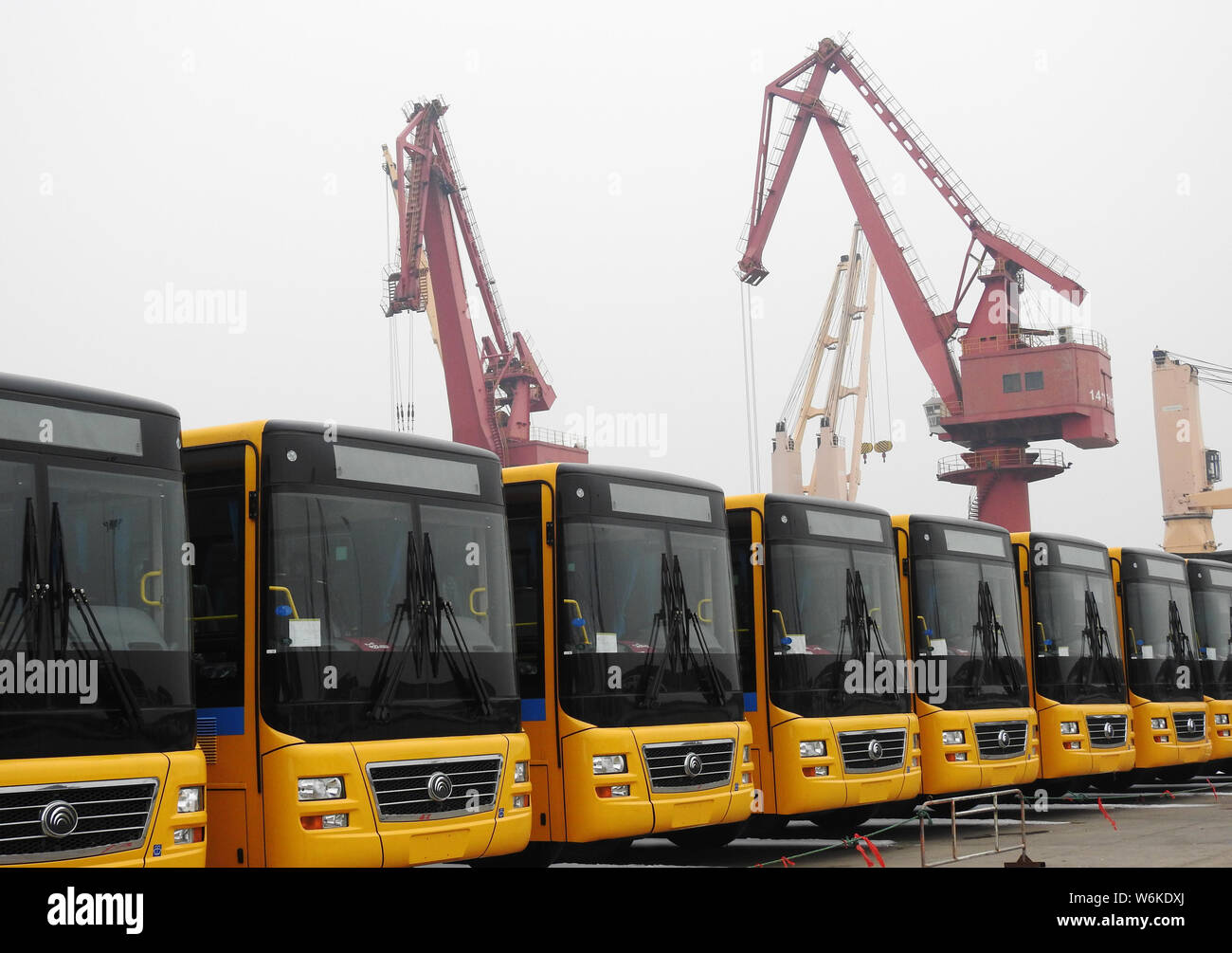 Passagierbusse Made in China sind im Hafen von Lanzhou gefüttert, bevor im Ausland in Lanzhou Stadt verfrachtet, der ostchinesischen Provinz Jiangsu, Stockfoto