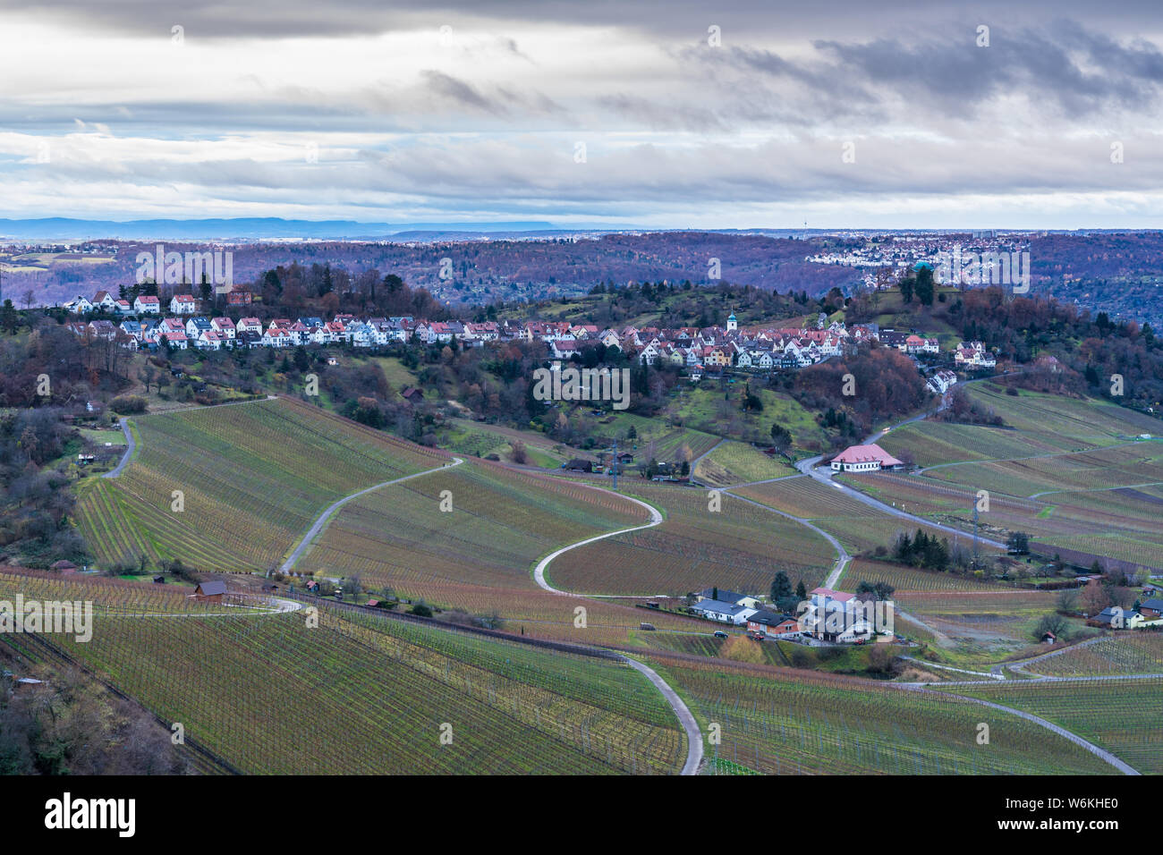 Deutschland, Häuser von Stuttgart rotenberg hinter Weinanbau im Winter Stockfoto