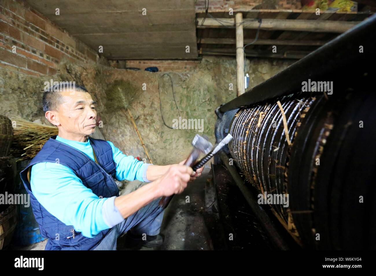 Ein chinesischer Dorfbewohner extrahiert den Kaffee Samen Öl aus den Samen der Camellia oleifera in Liuzhou City, South China Guangxi Zhuang autonomen Region, Stockfoto