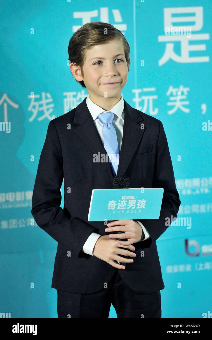 Kanadische Schauspieler Jacob Tremblay nimmt an einer Pressekonferenz seinen neuen Film 'Wunder' zu fördern, in Peking, China, 14. Januar 2018. Stockfoto