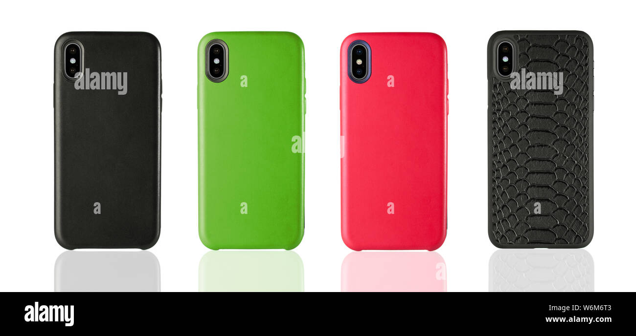 Vier schwarze und rote, grüne Telefon Leder Fällen auf weißem Hintergrund isoliert, klassisches Design Zubehör. Stockfoto