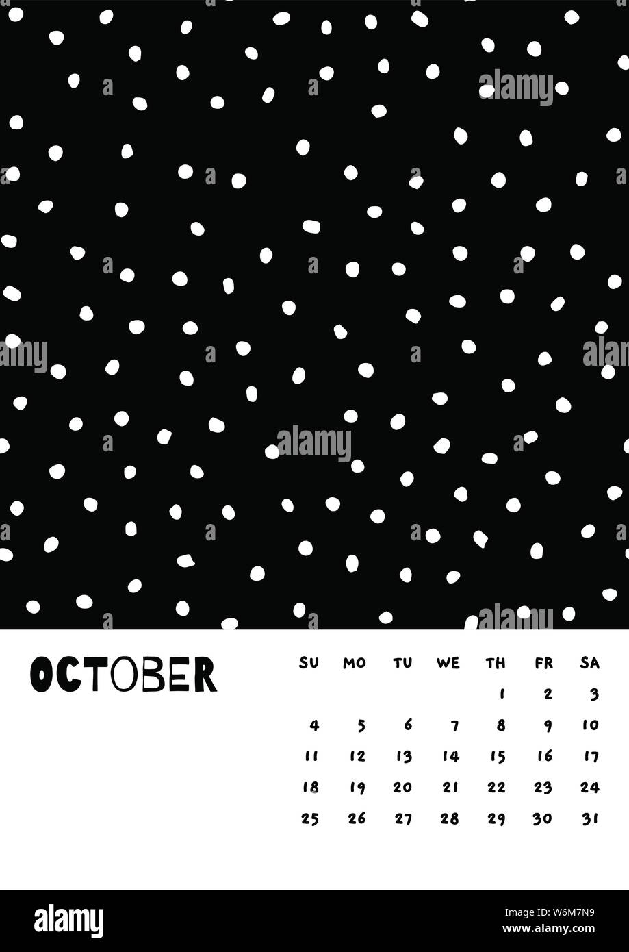 2020 Oktober Englisch Kalender Abstract Vector Hand zeichnen Polka Dot Schwarz und Weiß. Woche beginnt Sonntag. Monochrome Minimalismus Stil. Poster Kalender flyer Layout, Druck Medien, Broschüre A3, A4, A5 Stock Vektor