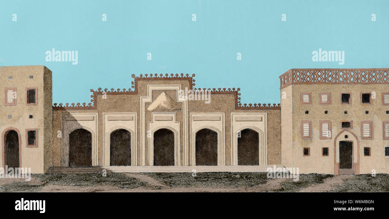 Geschichte von Arabien. Tor der Bap Estafa Tempel. Gravur. Panorama Universal. Geschichte von Arabien, 1851. Später Färbung. Stockfoto
