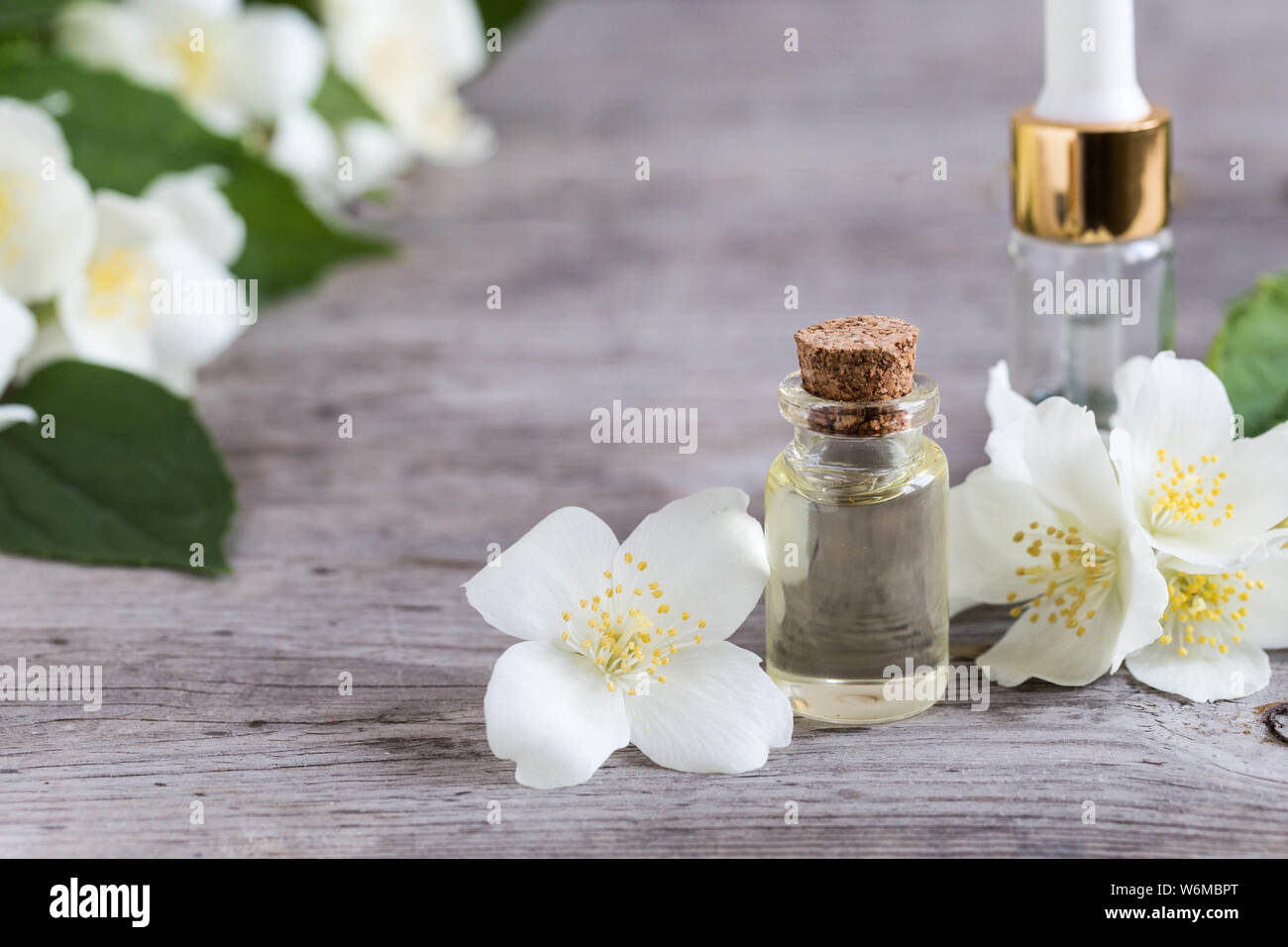 Wesentliche Jasminöl. Massage Öl mit Jasmin Blumen auf einem Holz- Hintergrund. Stockfoto