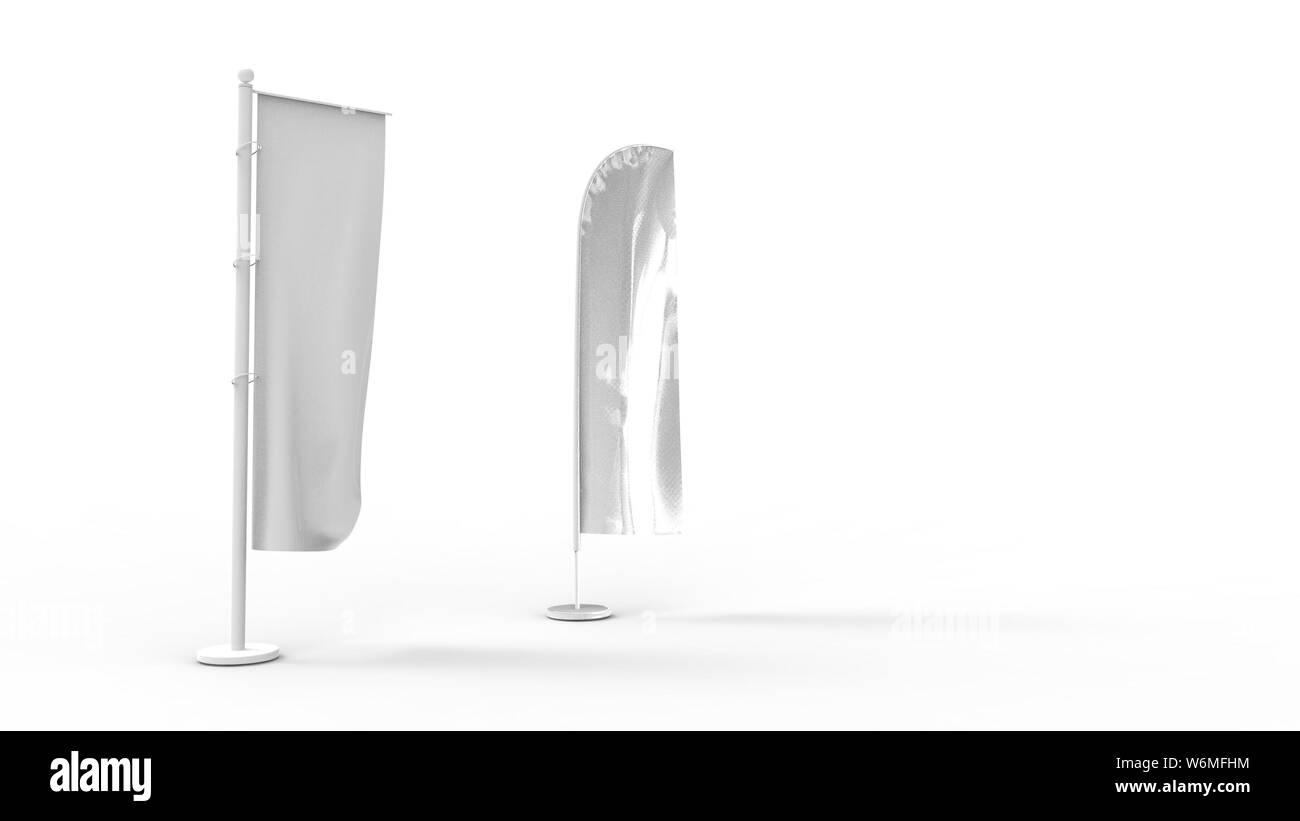 3D-Rendering von zwei Werbe-weißen Fahnen in weißem Hintergrund. Stockfoto