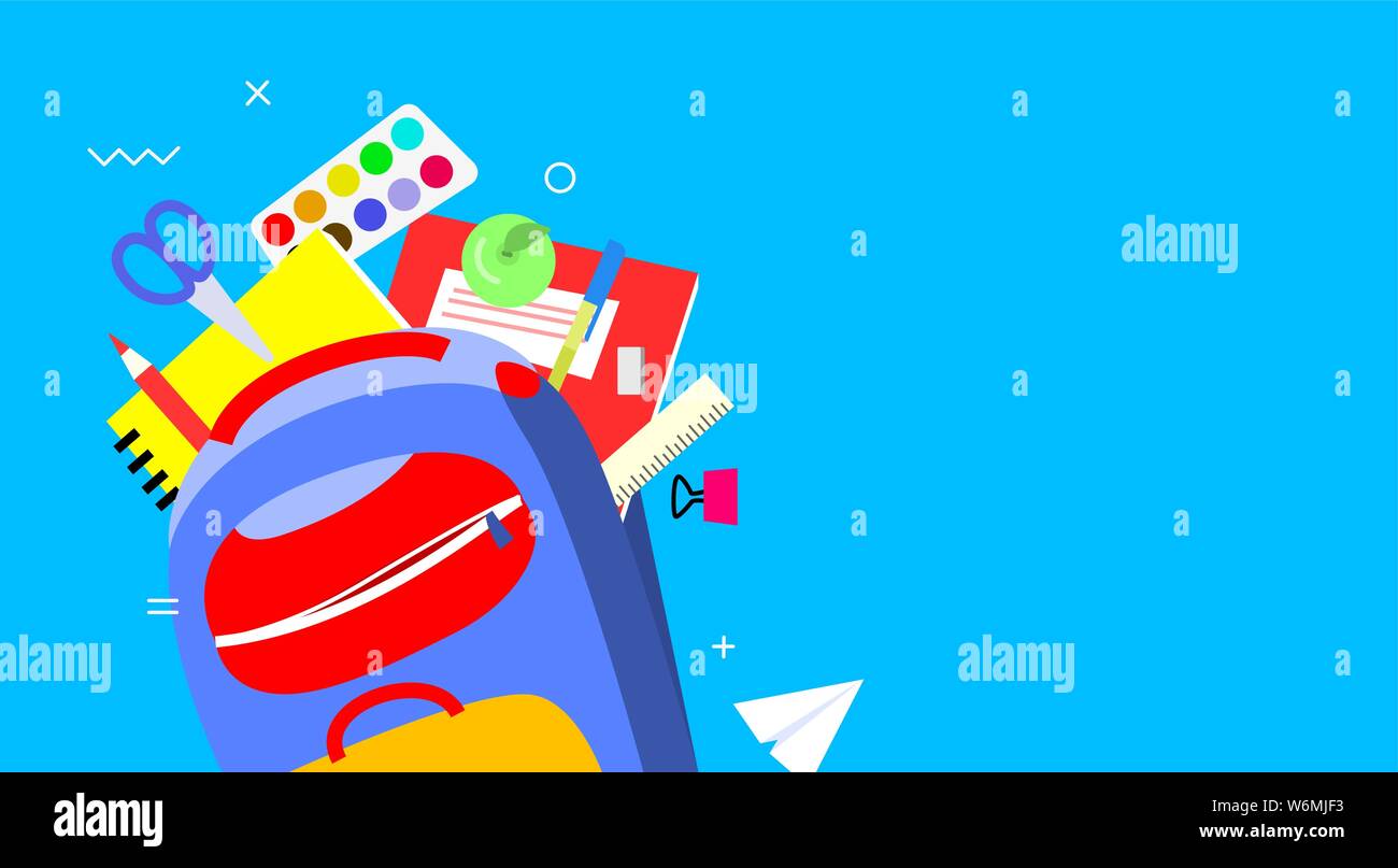 Zurück zu Schule Banner, flache Bauform, Hintergrund template Vector Illustration. Bunte Schulmaterial im Rucksack. EPS 10. Stock Vektor