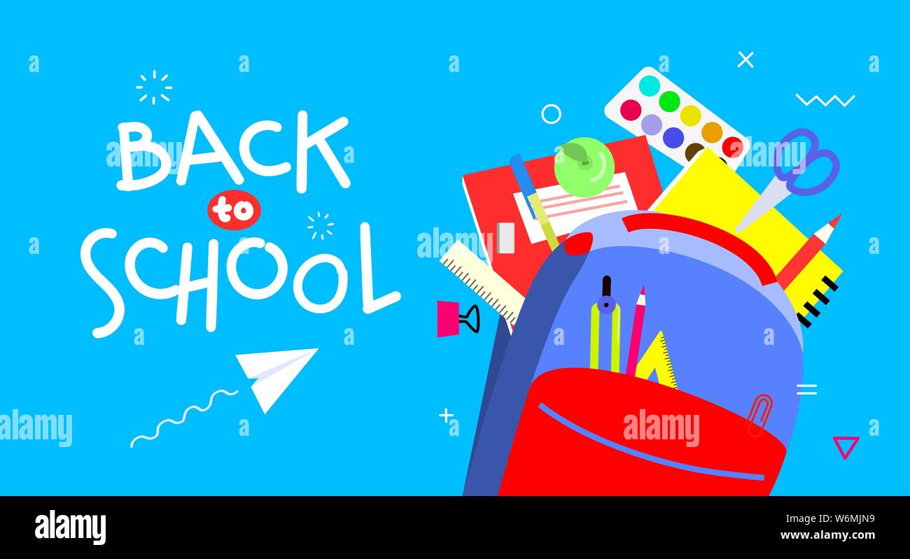 Zurück zu Schule Banner, flache Bauform, Hintergrund template Vector Illustration mit Schriftzug Zitat. Farbenfrohe Schulmaterial im Rucksack. EPS 10. Stock Vektor