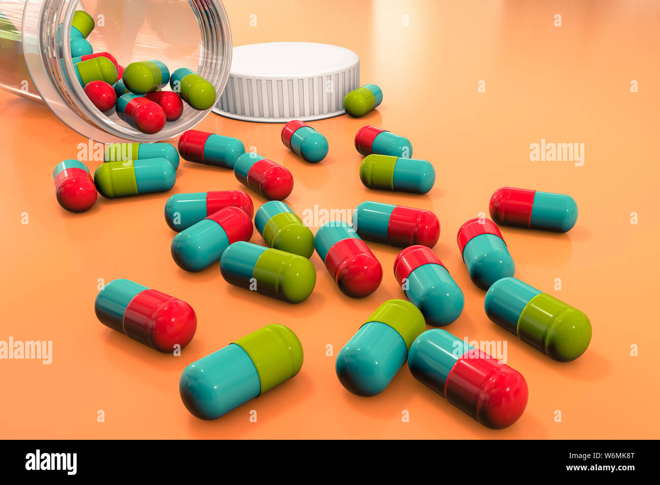 3D-Illustration: Helle farbige medizinische Pillen sind auf einem orange-braunen Tisch von einem transparenten Medizin Flasche zerstreut. Pharmazeutische Unternehmen Stockfoto