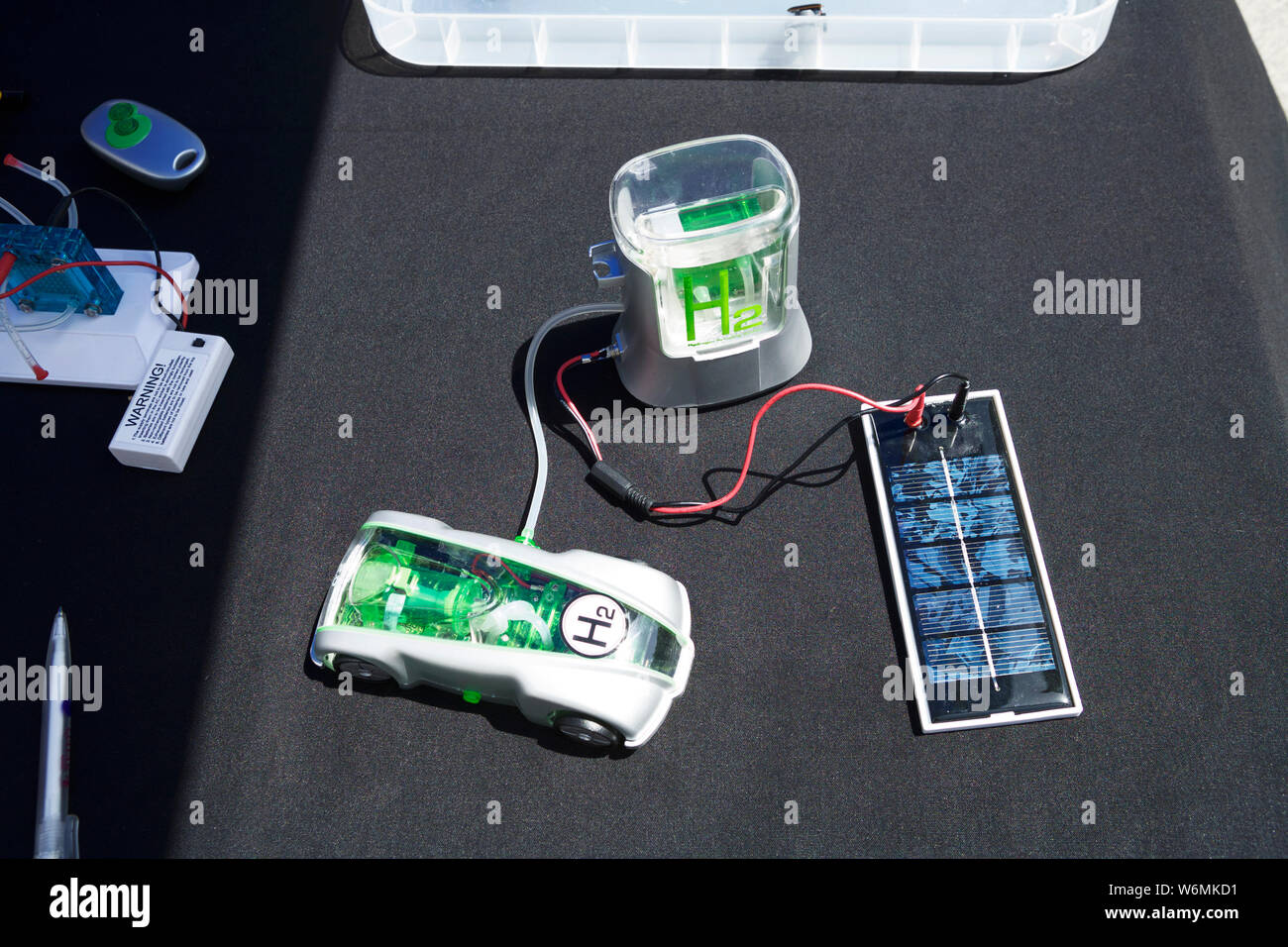 Solarenergie: Solar Panel erhält Wärme von der Sonne; Elektrolyse von Wasser entsteht Wasserstoff (durch elektrischen Strom); H 2 Stromversorgung für Auto übertragen. Stockfoto