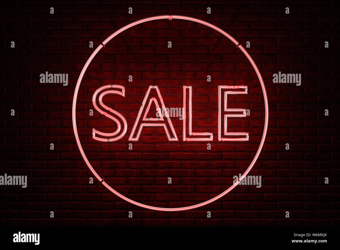 3D-Illustration: Werbung Leuchtreklame mit der Aufschrift "Verkauf" von roten Buchstaben in einem Kreis auf dem Hintergrund einer Red brick wall. Stockfoto