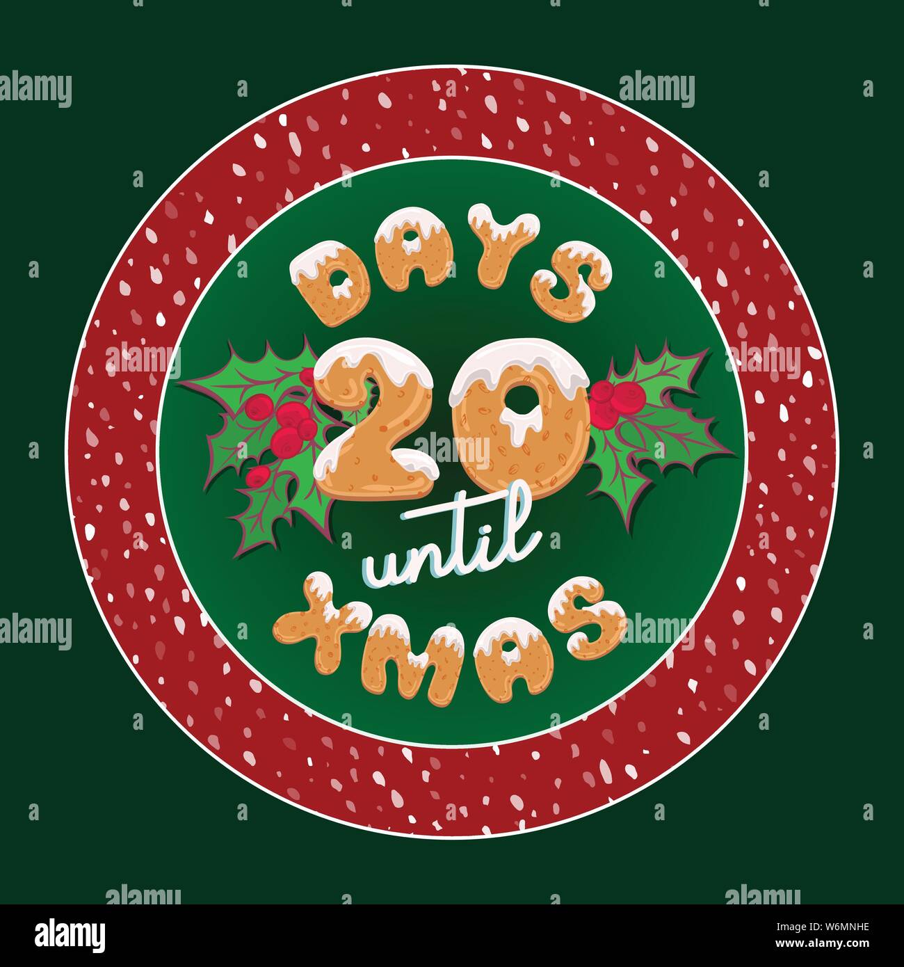 Niedliche Weihnachtskarte im Retro-Stil. Vintage Adventskalender Geschenkanhänger für Deko Teller oder Poster Design mit Typografie Text 20 Tage bis Weihnachten Stock Vektor