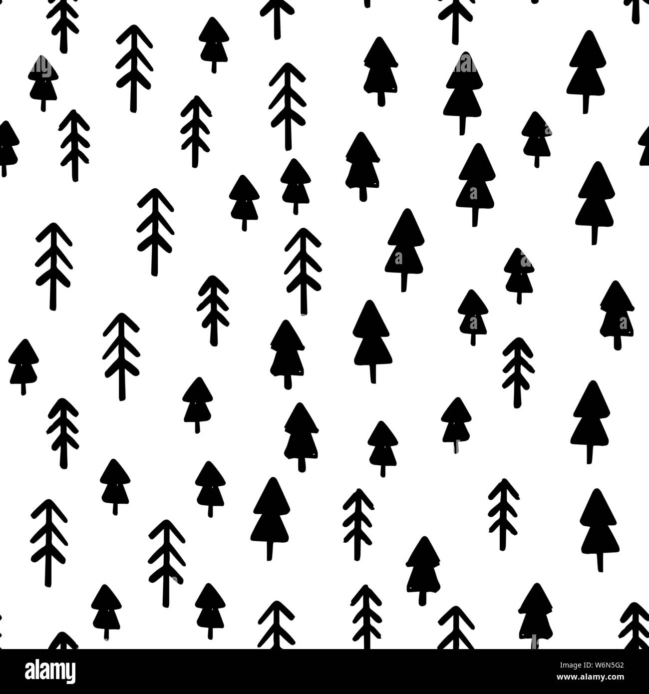 Hand zeichnen Weihnachtsbaum nahtlose Muster Farben Schwarz und Weiß. Monochromen Vector schlichten skandinavischen Hintergrund. Tinte Doodle Textur für das Neue Jahr 2020. Für Postkarten, Verpackung, Druck auf Gewebe Stock Vektor