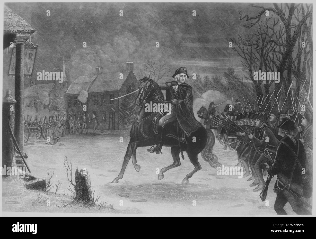 Washington in der Schlacht von Trenton. Dezember 1776. Kopie der Kupferstich von Illman Brüder nach E.L. Henry, um 1870., 1931 - 1932; Allgemeine Hinweise: Verwenden Sie Krieg und Konflikt Nummer 30 bei der Bestellung eine Reproduktion oder Anforderung von Informationen zu diesem Bild. Stockfoto