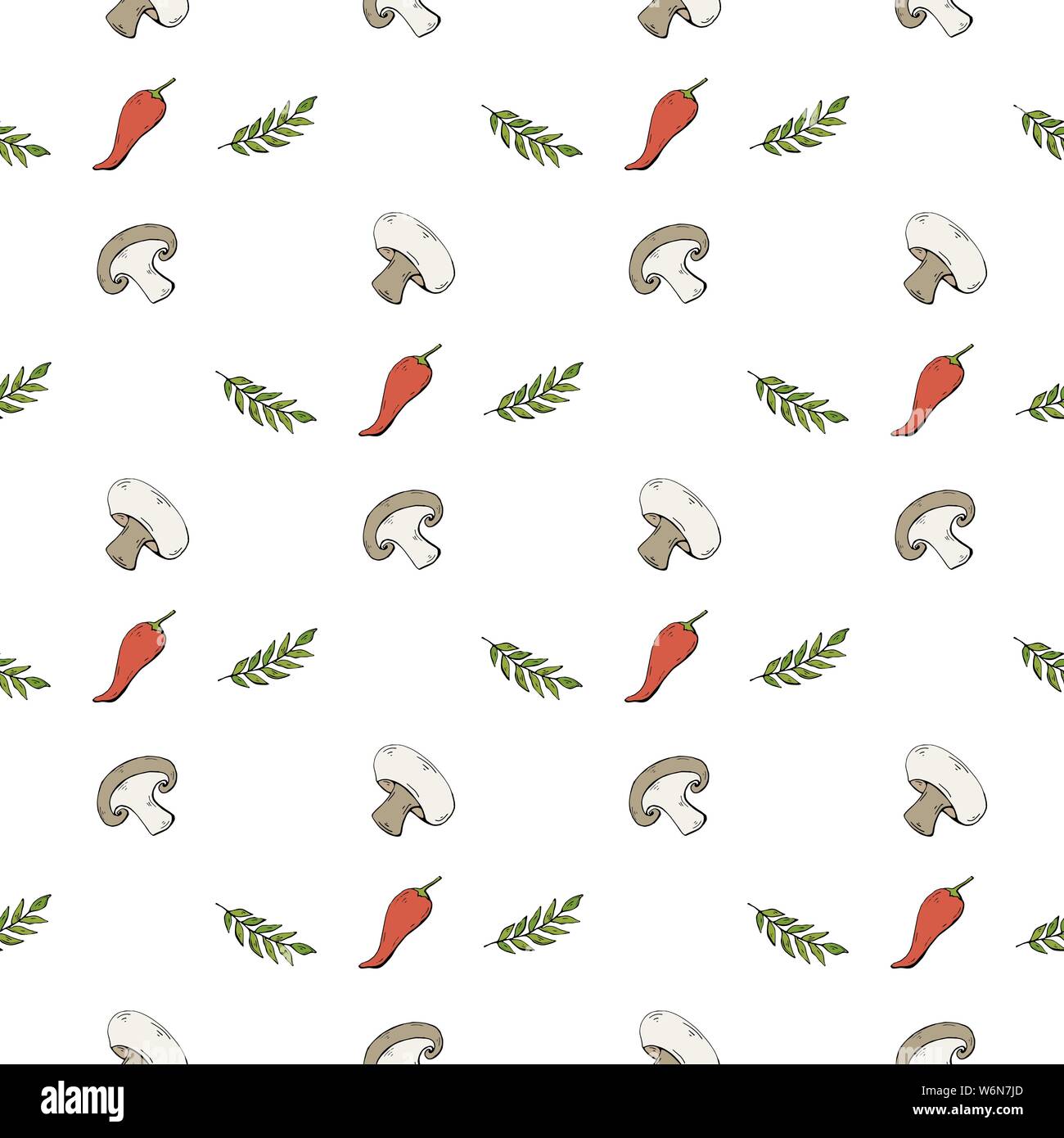 Nahtlose Muster mit Champignons Champignons und grüne Kräuter und roten Papper Stock Vektor