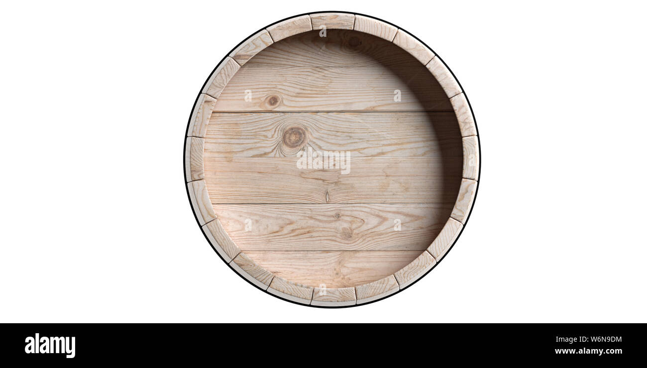 Zylinder oben, für Wein Bier. Barrel natürlichen Holz Farbe auf weißem Hintergrund. 3D-Darstellung Stockfoto